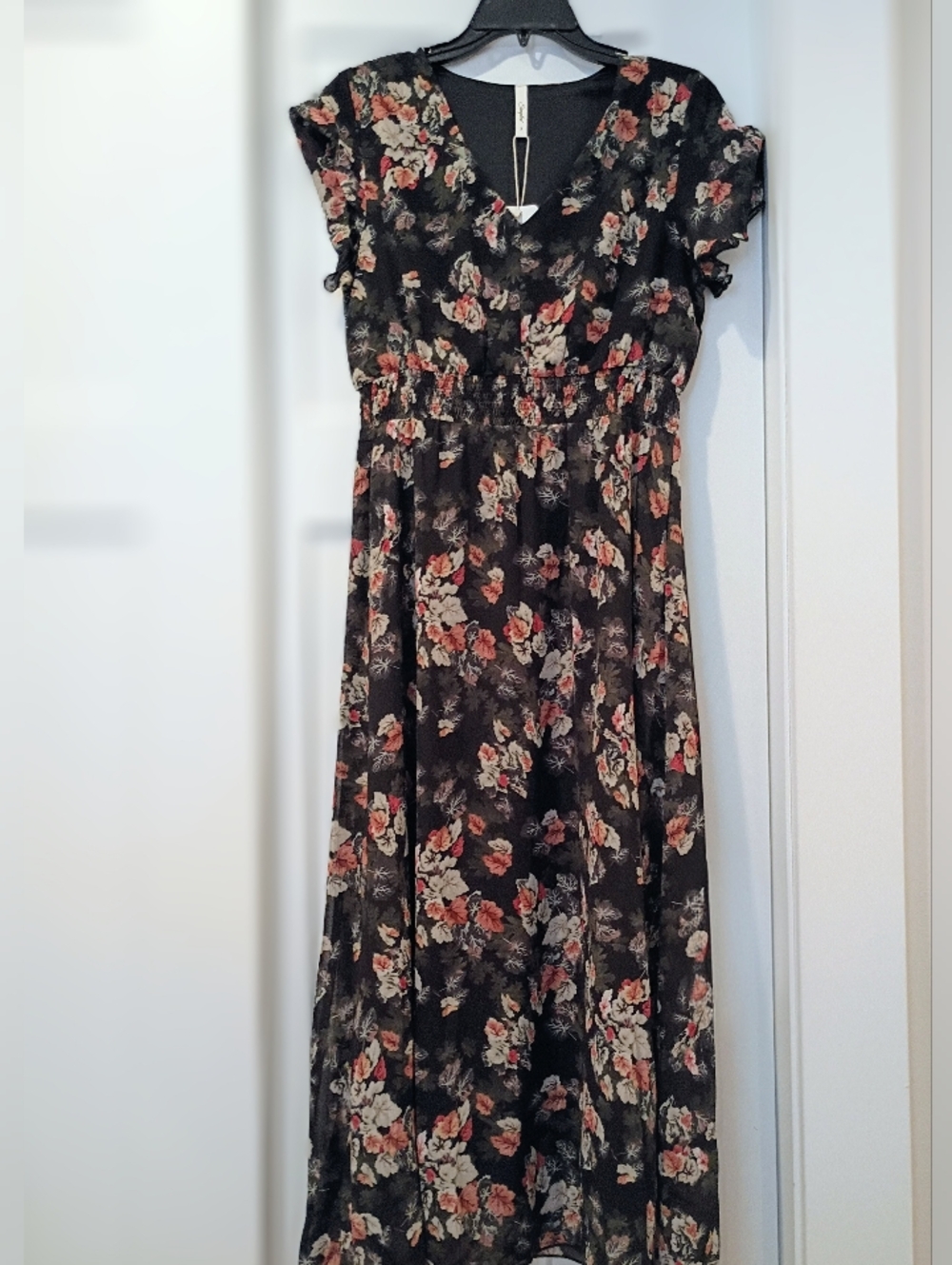 Floral V-Neck Maxi Dress in Black and Coral